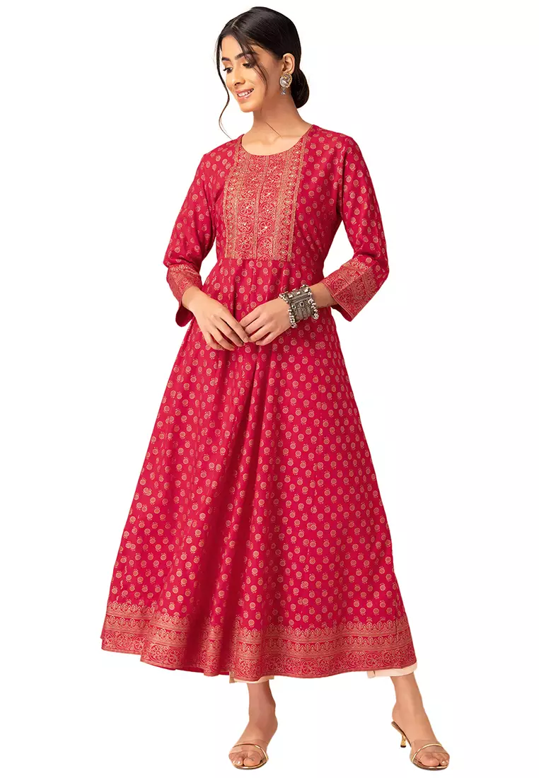 Buy Indya Red Foil Print Rayon Anarkali Kurta 2024 Online ZALORA