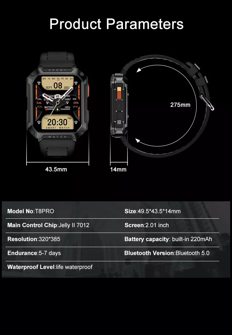 SmartWatch T8 Pro Layar Terang 2.01'' 320*385 TFT Anti Air IP67 Mode Multi-Olahraga black