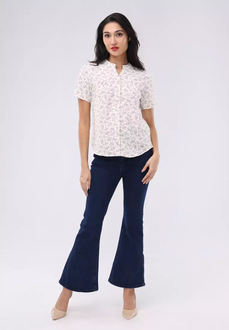 Linen Wrinkles Short Sleeves Chinese Collar Blouse