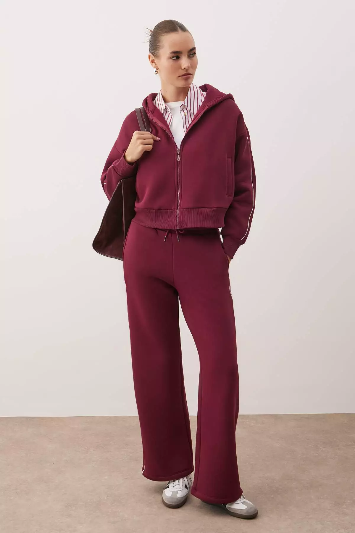 Burgundy Thick Ribbed Zippered Hooded Oversize/Wide Cut Knitted Tracksuit Set Twoaw26Em