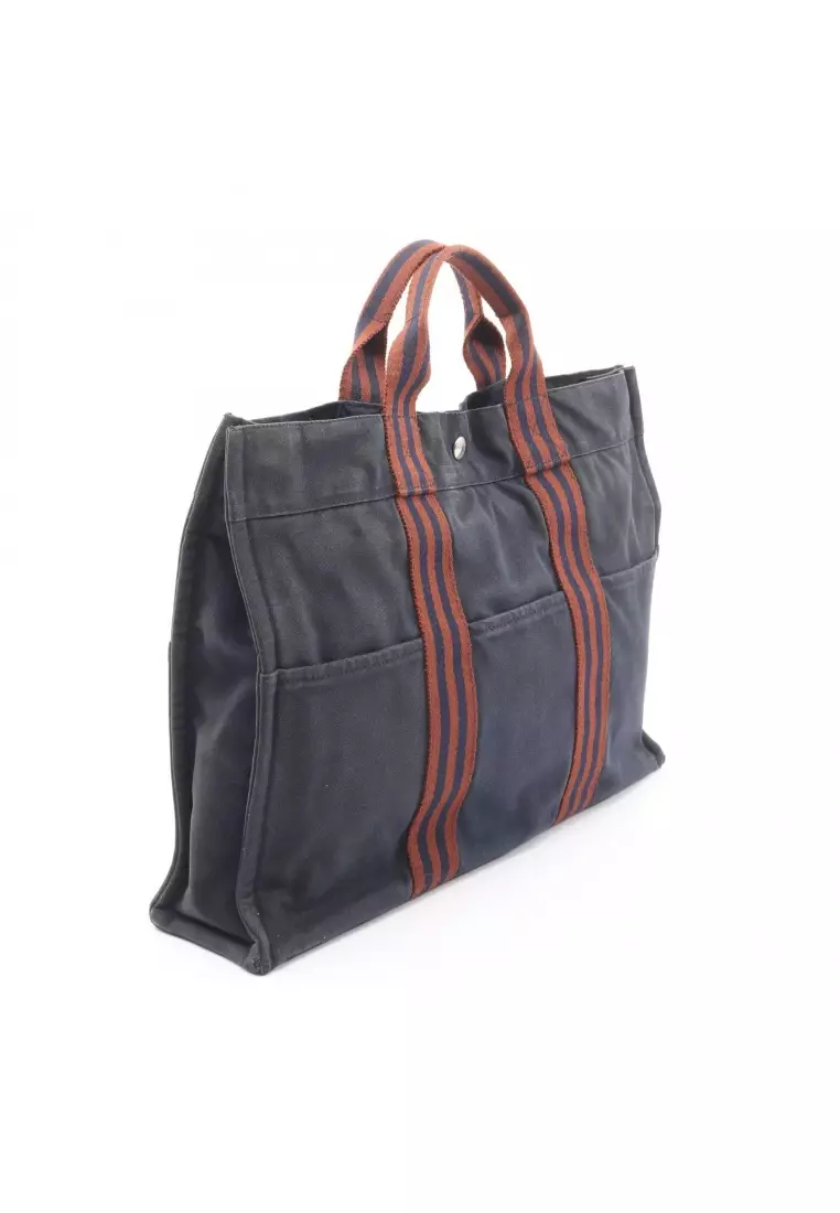 Pre-Loved Hermès Fool toe MM Handbag tote bag canvas Dark navy Brown silver hardware