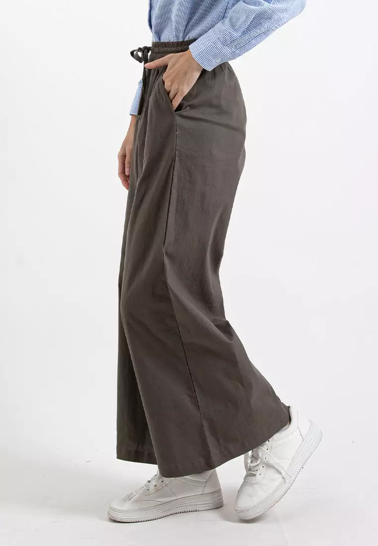 Forest Ladies Stretchable Cotton Linen Elastic Waist Wide Leg Pants Women Long Pants | Palazzo - 810473-14Khakigreen