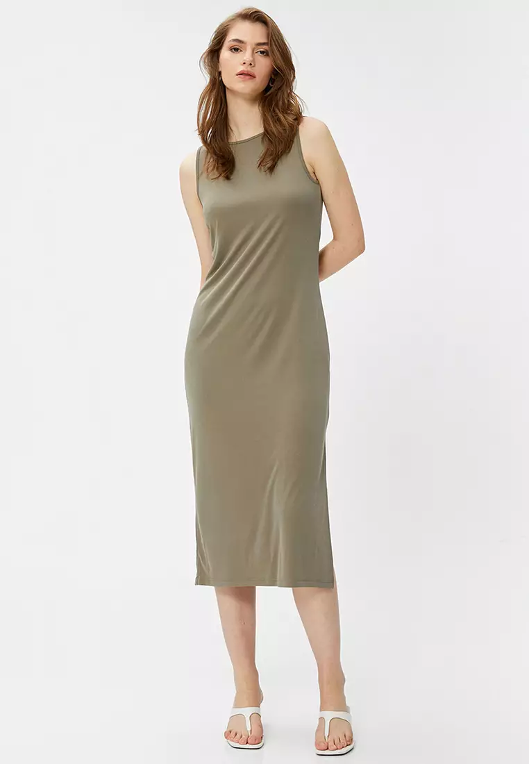 Round Neck Slim Fit Slit Midi Dress