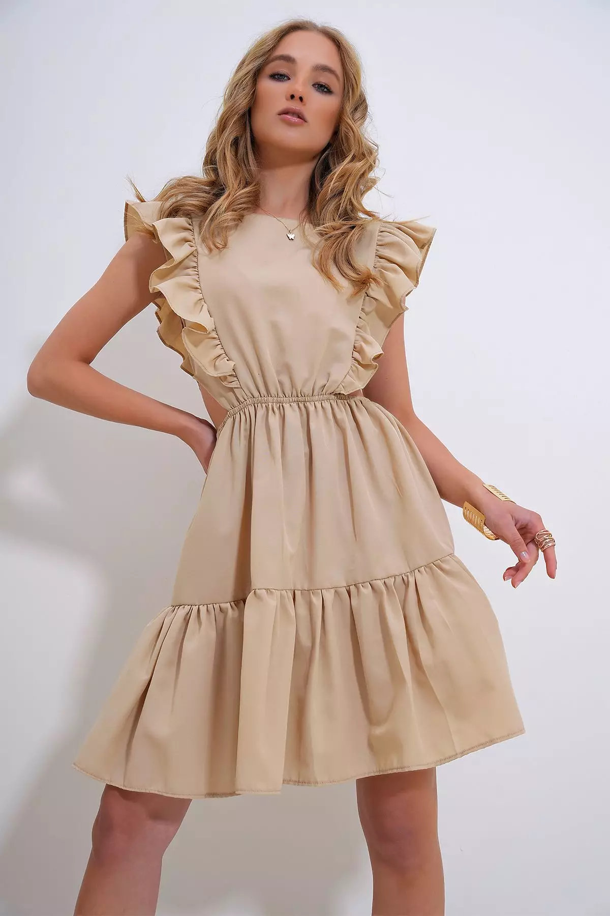 Women's Beige Boat Neck Low-cut Waist Poplin Dress