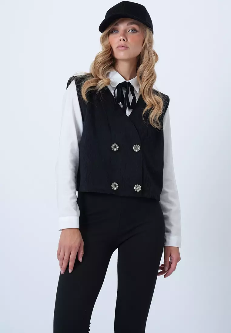 Double-Breasted Velvet Vest with Metal Buttons