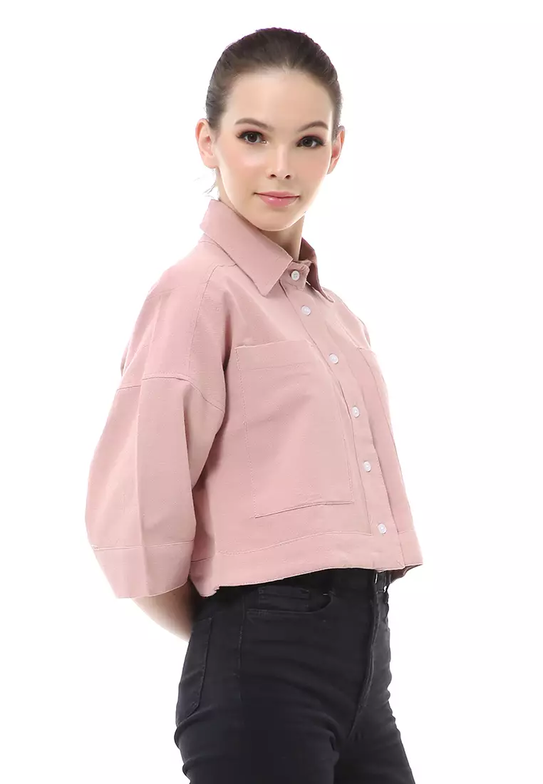Brielle Atasan Wanita Kemeja Crop Oversize Shirt Lengan Panjang Material Linen ORIGINAL - Dusty Pink