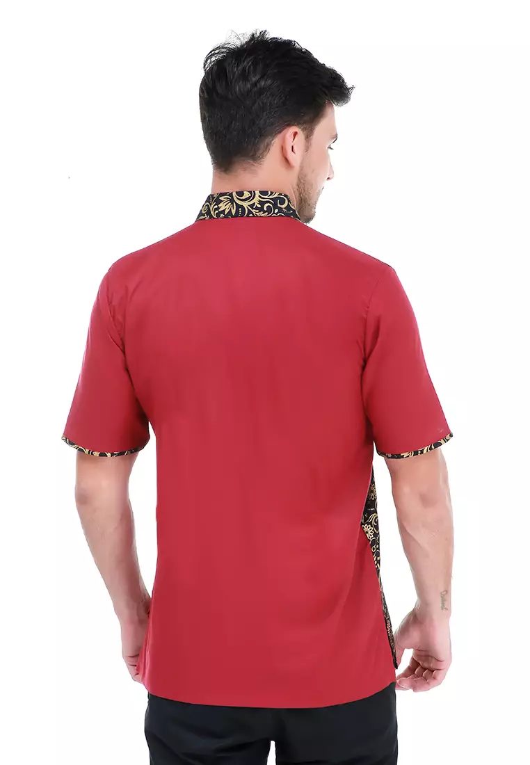 Dwan Kemeja Batik Pria Right Side Atasan Formal Shortsleeve Shirt Material Cotton ORIGINAL - Maroon