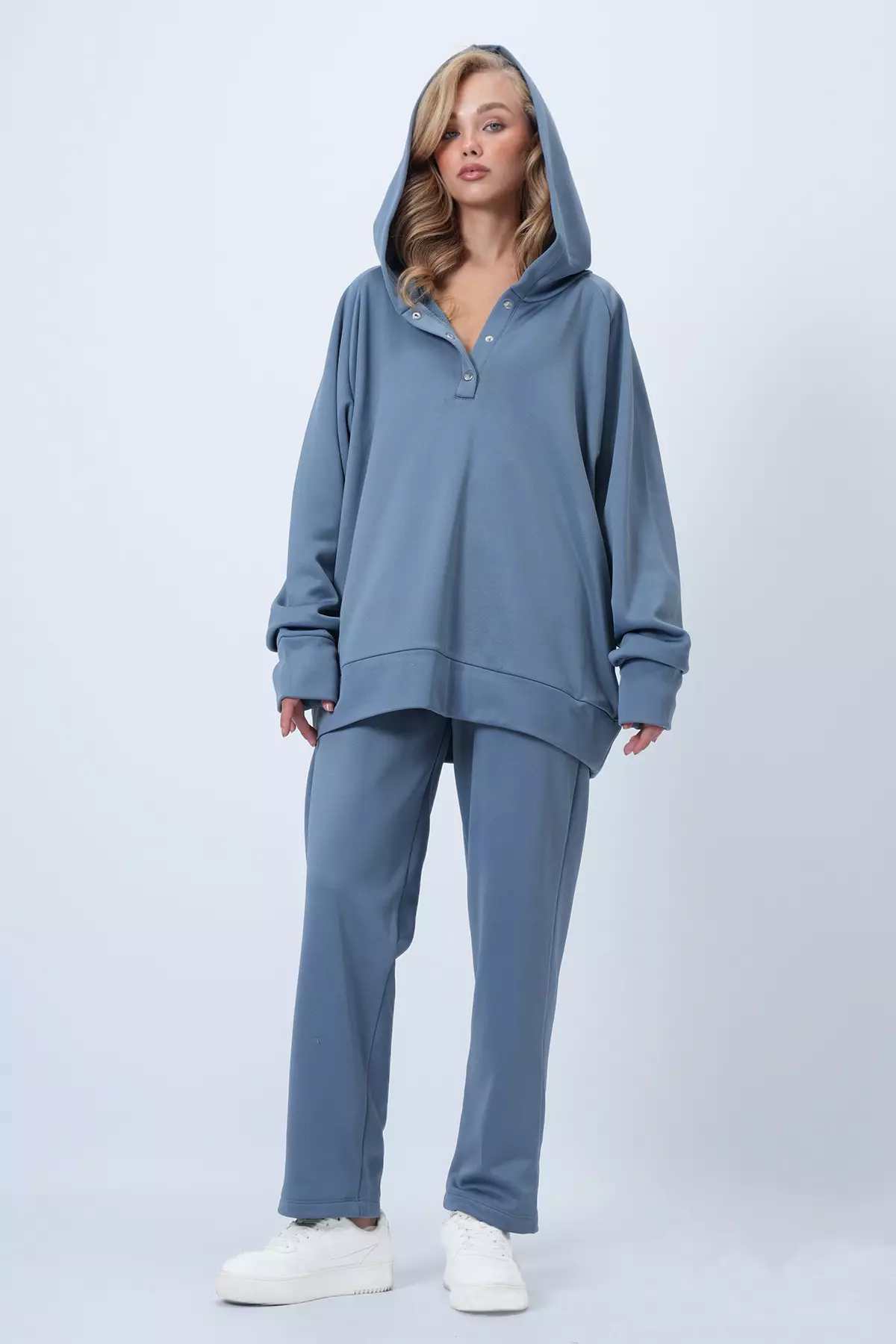 Indigo Hooded Snap Fastener Oversized Sweatshirt And Pants Set Alc-X12476