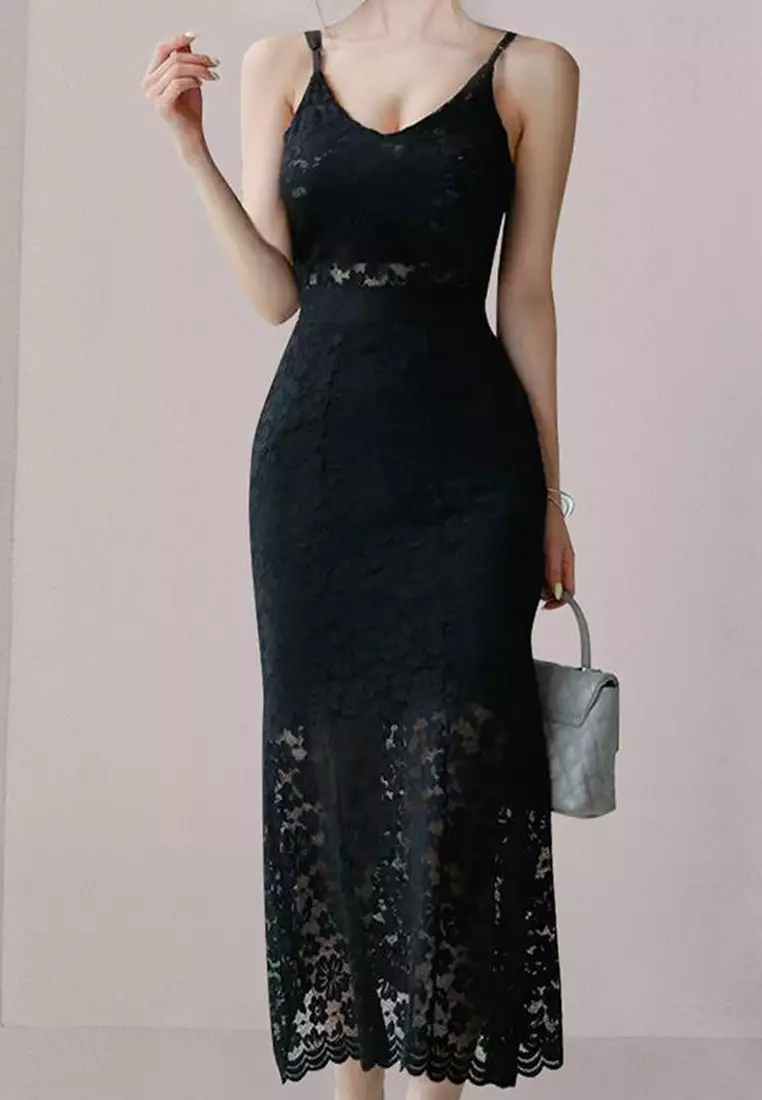 French Style Black Hollow Lace Strap Dress CA100568
