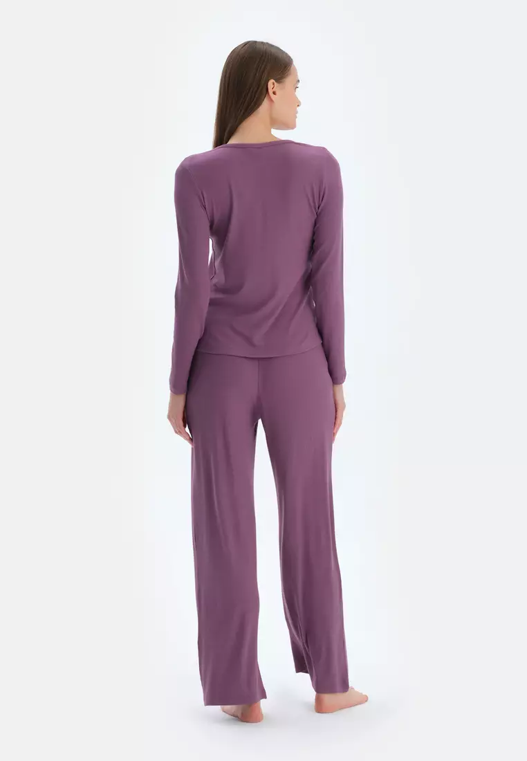 Purple T-Shirt & Trousers, V-Neck, Regular, Long Sleeve Sleepwear for Women