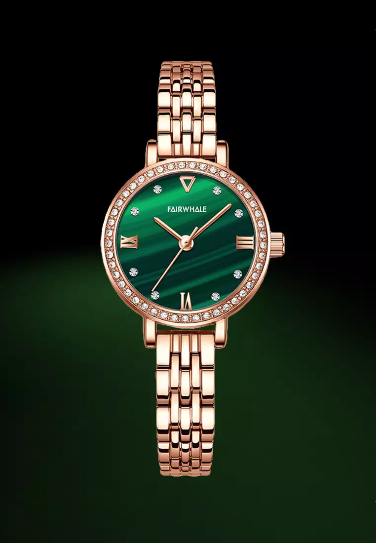 Ladies IP Rose Gold and Stainless Steel Quartz Watch, 30mm Diameter, Stainless Steel Bracelet, Malachite Dial