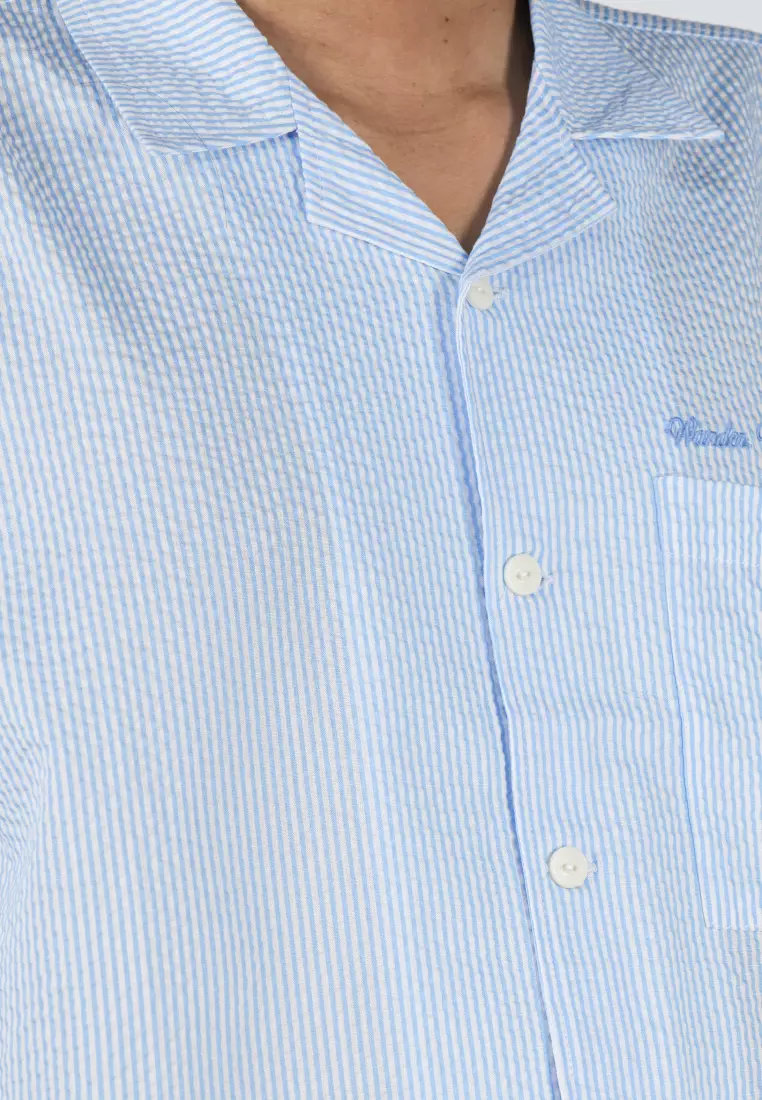 Used 1968 - Wonder Kemeja Katun Casual Pria Bahan Seersucker Lengan Pendek Stripe