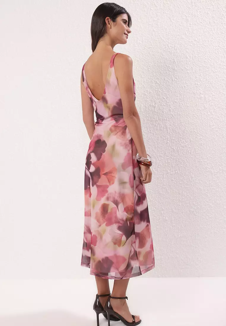 Multicolored Fitted Abstract Bow Maxi Tulle Stretch Knit Dress TWOSS25EL00361