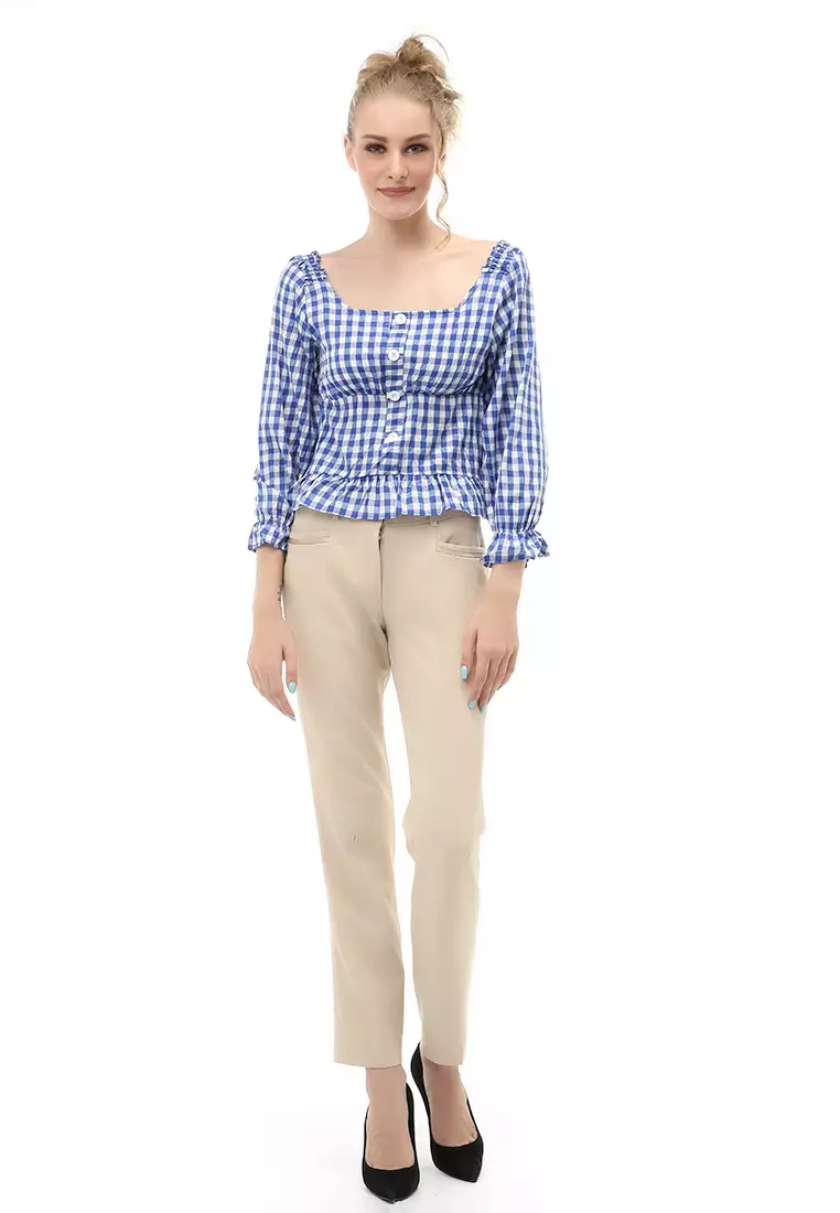Cheva Top Blouse Atasan Wanita Kasual Motif Kotak Material Cotton ORIGINAL - Blue