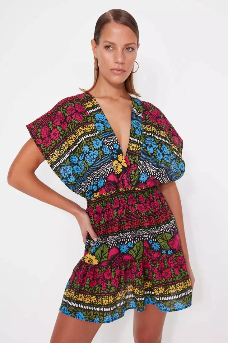 V-Neck Cotton Mini Beach Dress