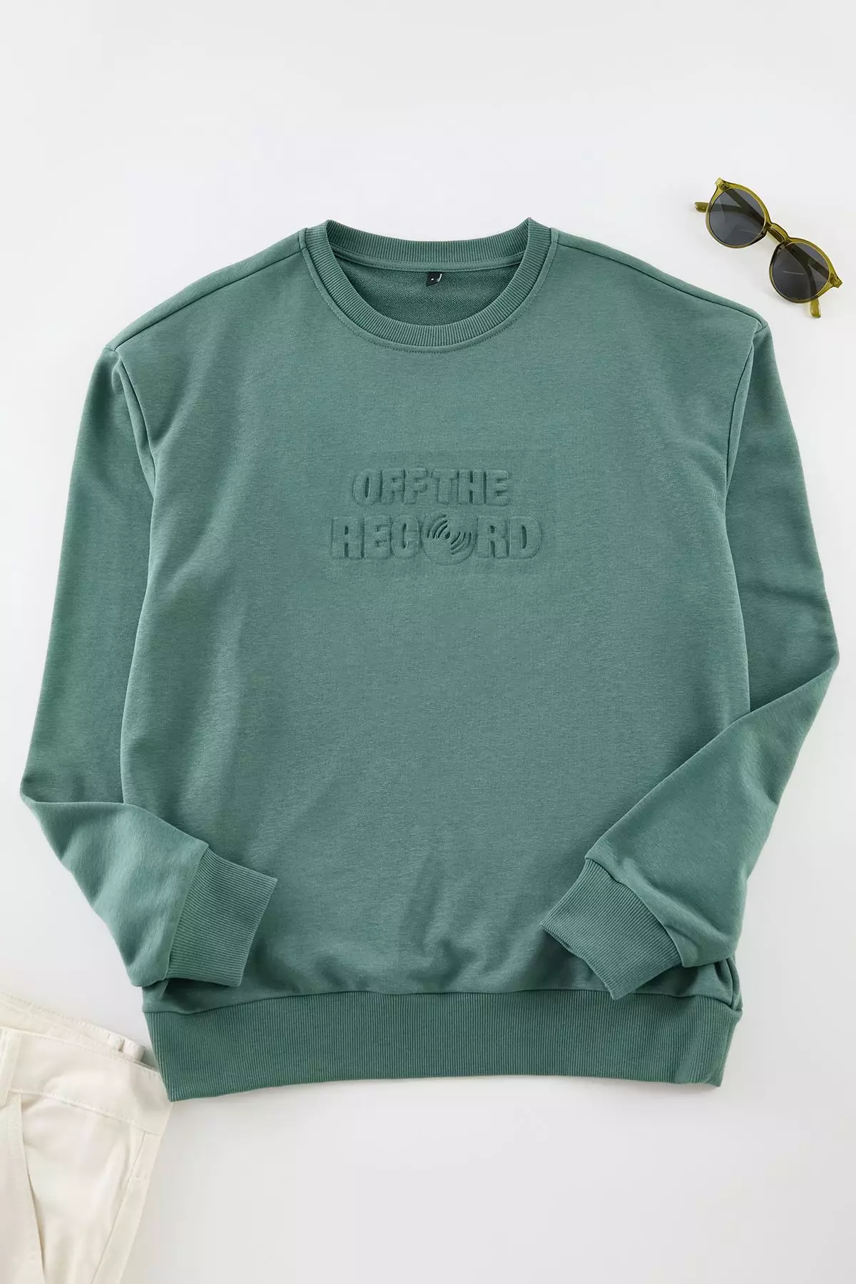 Green Oversize/Wide Cut Embossed Text Printed Unshaded Sweatshirt Tmnaw25Sw00048