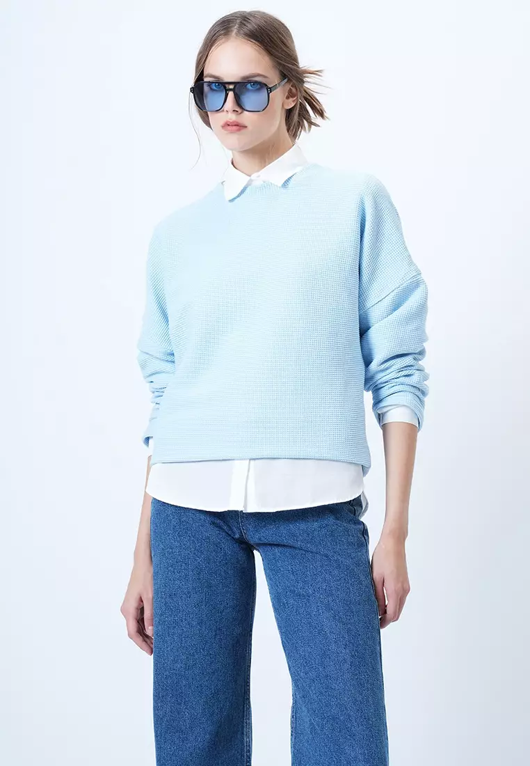 Blue Crew Neck Bat Sleeve Wide Cut Basic Blouse Alc-X14391