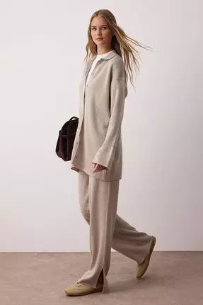 Buy Trendyol Stone Slit Detailed Cardigan-Pants Knitwear Suit