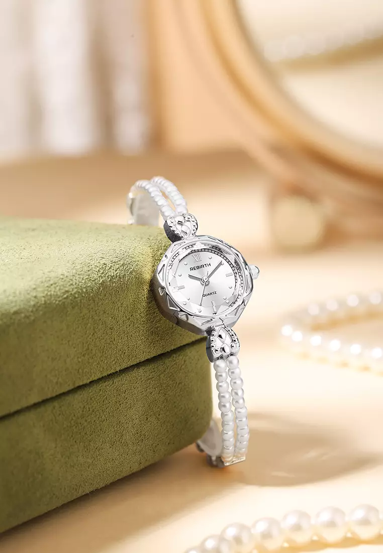 Jam Tangan Wanita Tali Mutiara Alloy Anti Air Quartz Elegan Warna silver white