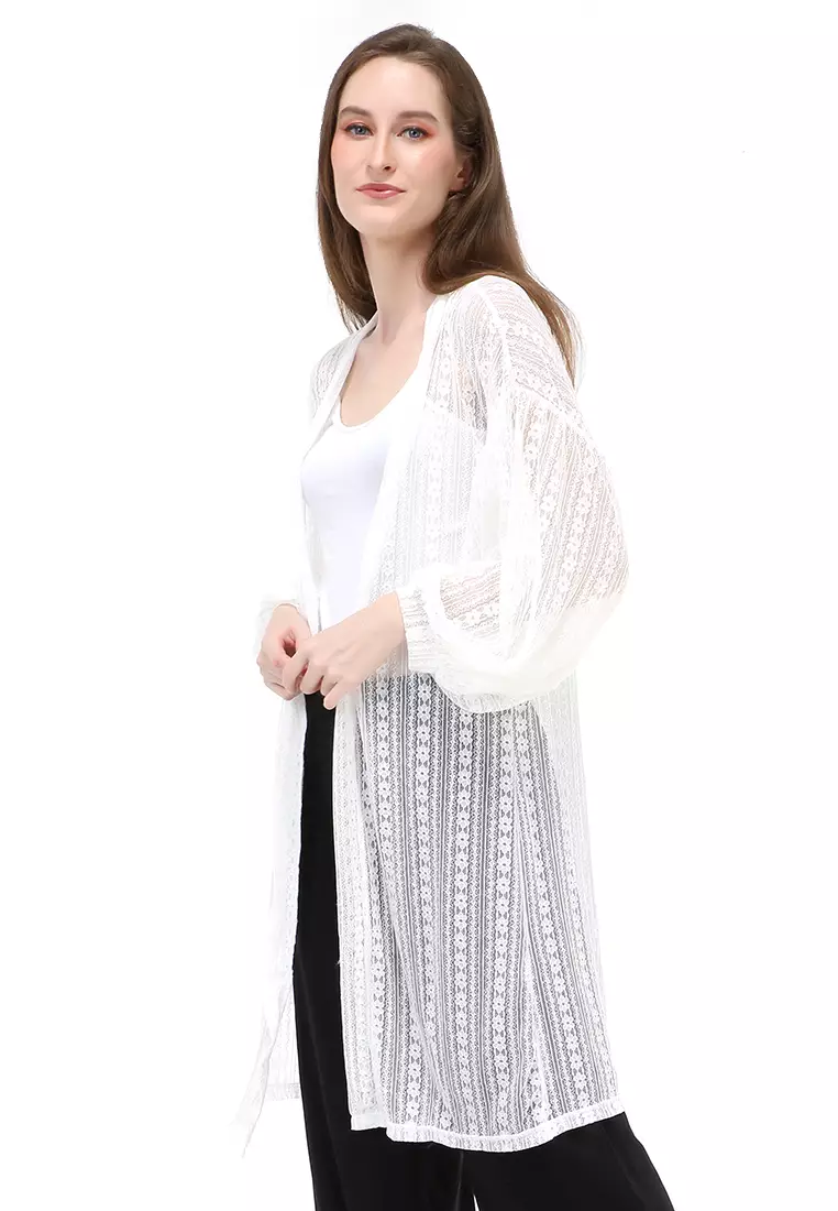 Shevia Cardigan Long Sleeves Wanita Design Elegant Atasan - White