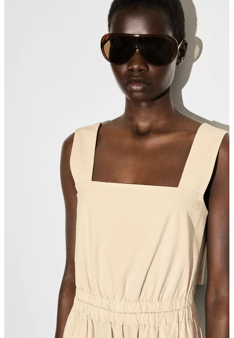 OPEN-BACK SEERSUCKER WIDE-LEG JUMPSUIT