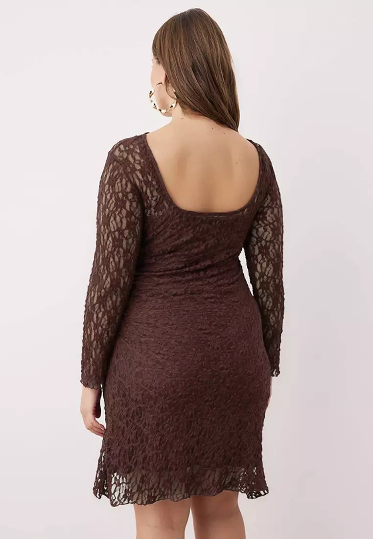 Brown Teen Lace Knitted Mini Plus Size Dress Tbbaw26Ah00042