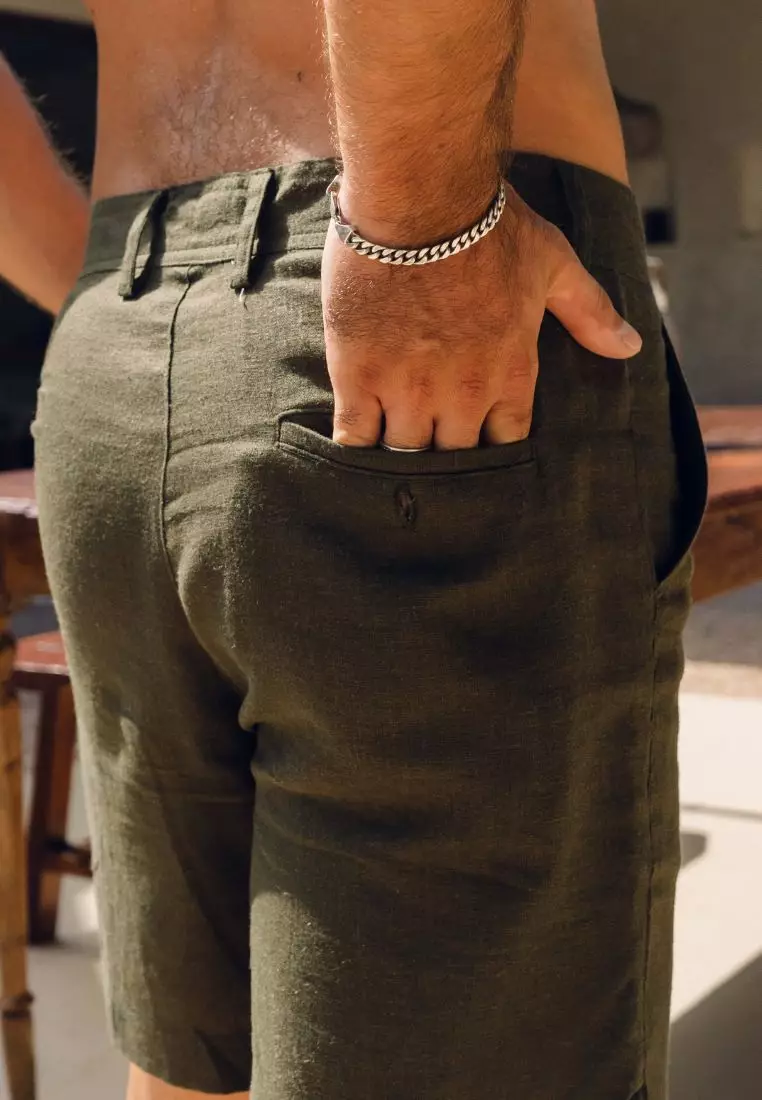 Midnight Green Celana Pendek Linen Pria Hijau Army | Linen Short Pants Men Army Green