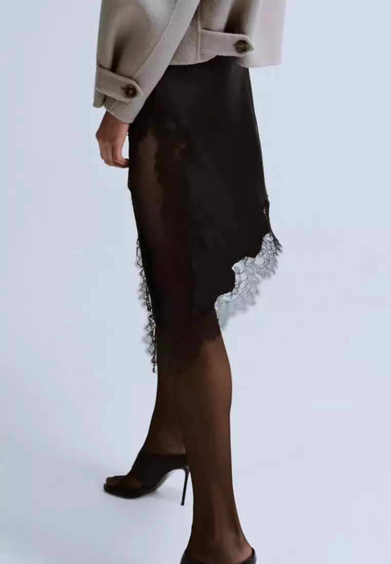 Satin Asymmetric Short Skirt With Lace