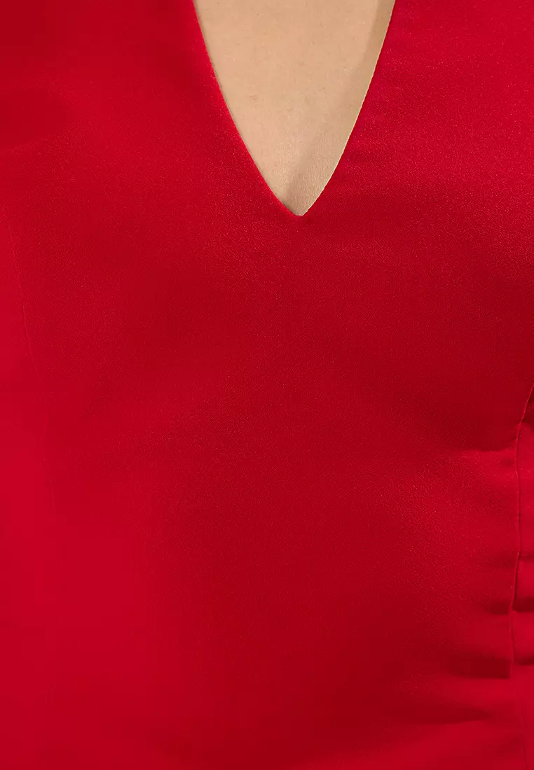 Red V Neck Woven Stylish Jumpsuit TPRSS25TU00013