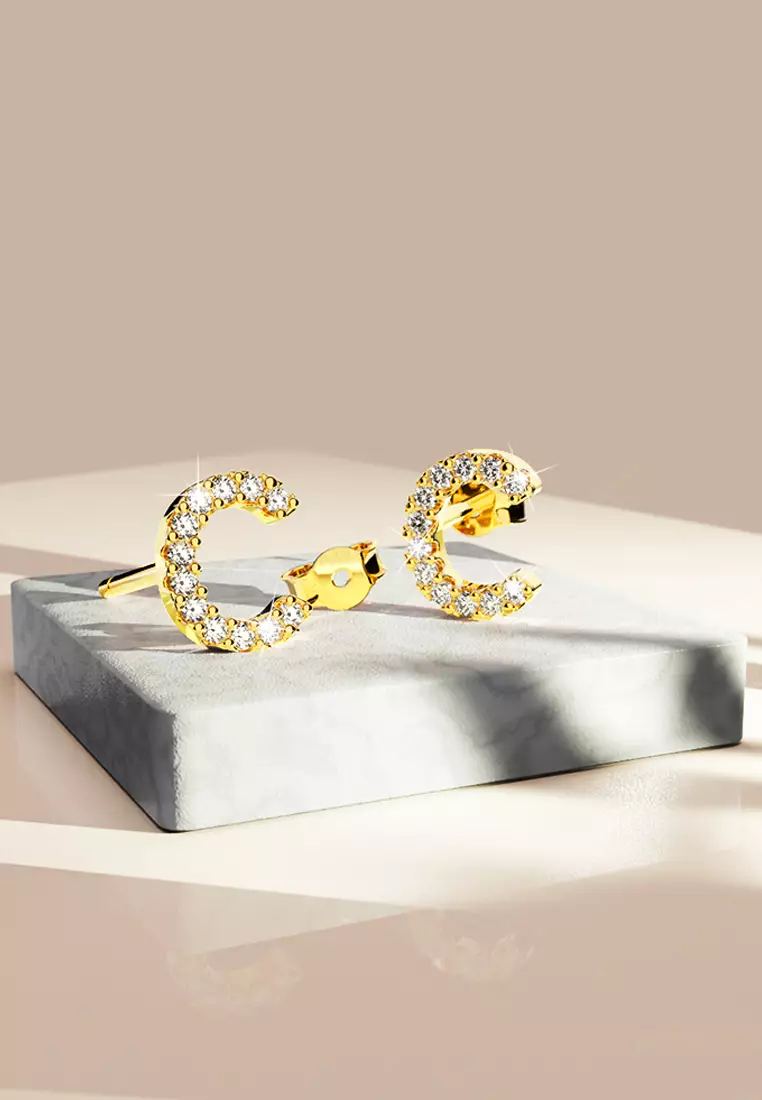 Solid 925 Sterling Silver Glamour Alphabet Letter Earrings Gold - C - Default