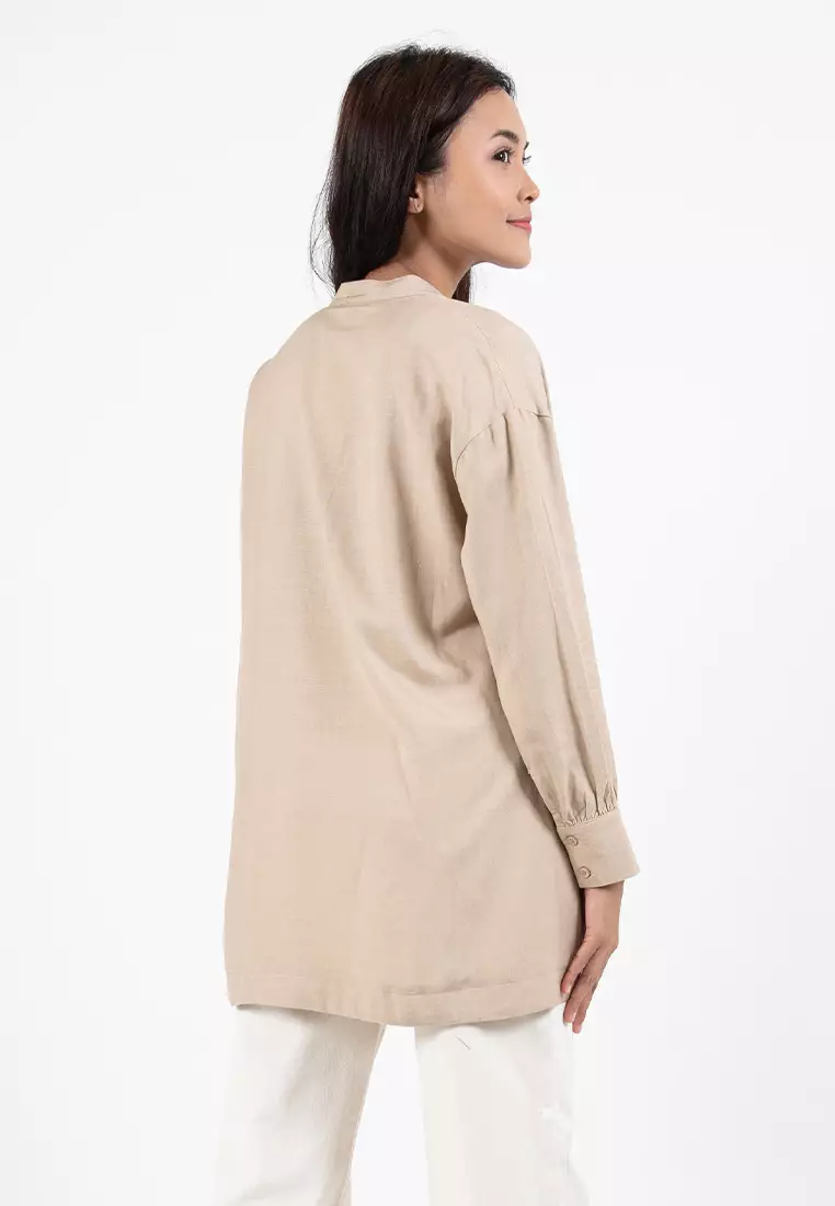 Forest Ladies Linen Oversized Band Collar Plain Blouse Women Long Sleeve Tunic | Baju Perempuan - 822391-13Khaki