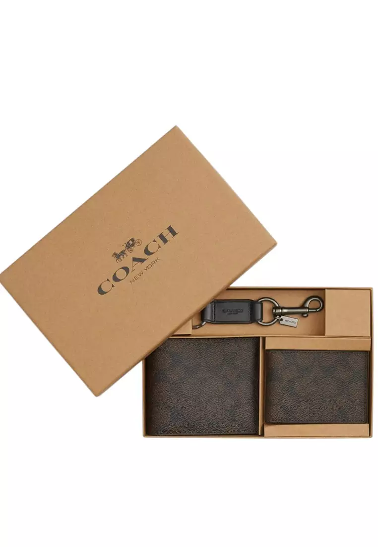 Mens Boxed 3-In-1 Wallet Gift Set In Signature Canvas - Walnut/Black