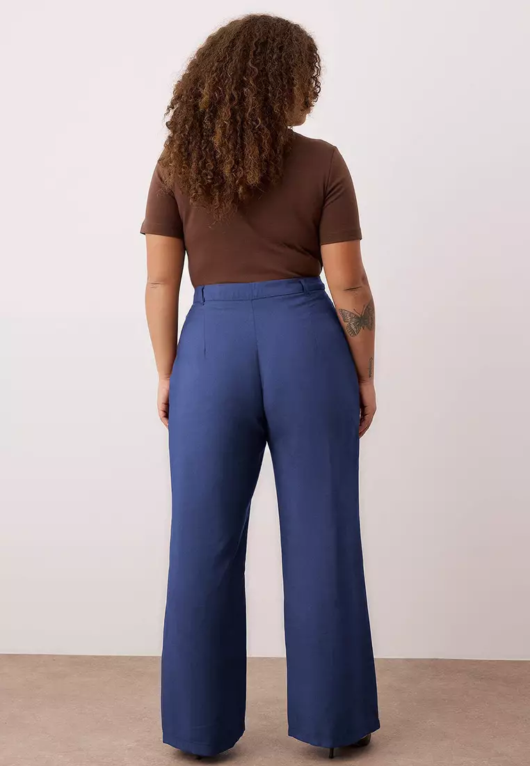 Navy Blue Double Pleated High Waist Wide Leg Summer Woven Pants Tbbss25Ar00021
