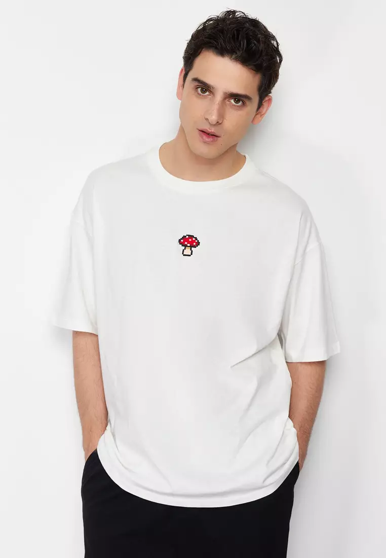 Ecru Unisex Oversize/Wide Cut Mushroom Embroidered 100% Cotton T-Shirt TMNSS24TS00070