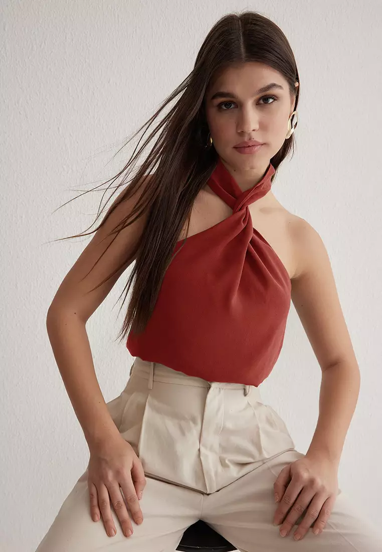 Tile Modal Halter Neckline Knotting Woven Blouse Twoss25Bz00247