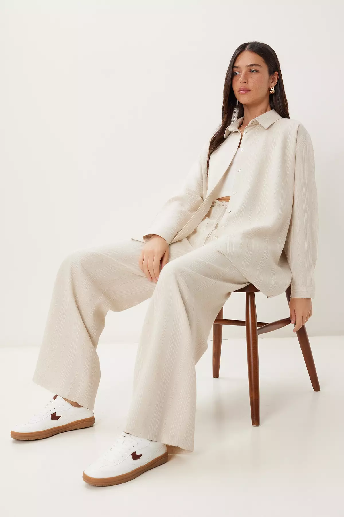 Women's Cream Linen Shirt Pants Suit Fg00056