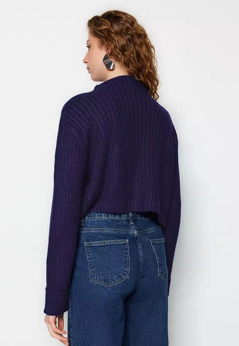 Navy Blue Crop Soft Textured Stand Collar Knitwear Cardigan
