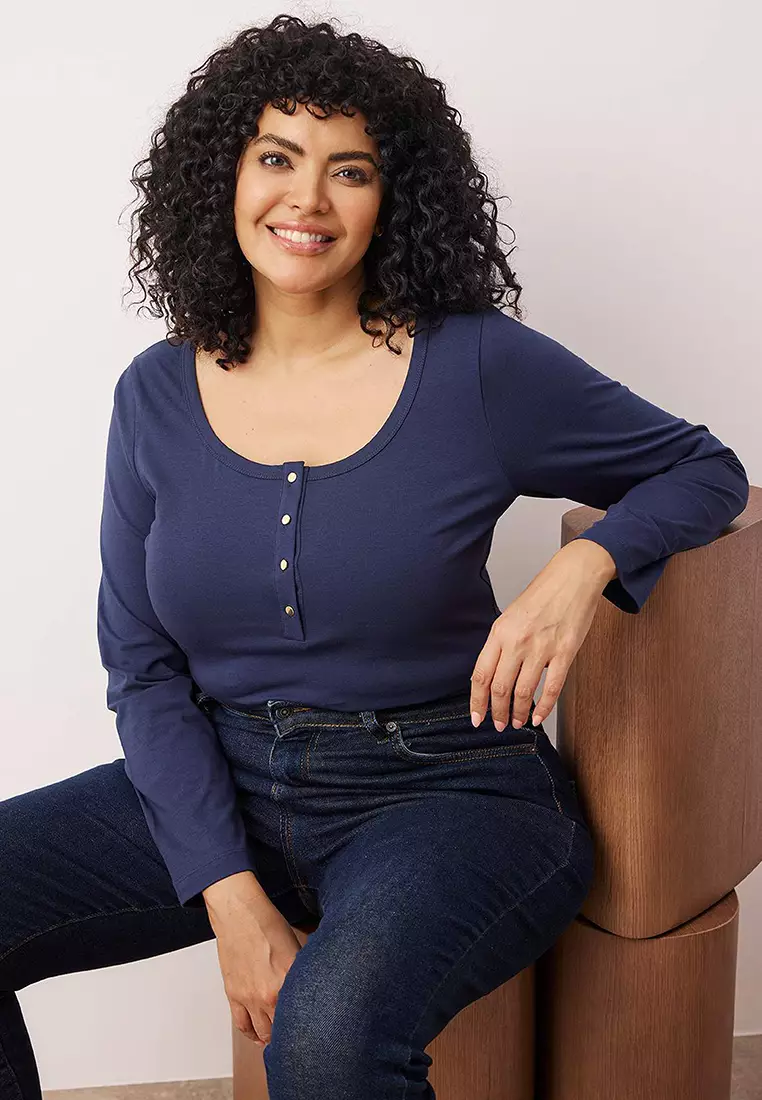 Navy Blue Knitted Body Fitting Button Detail Plus Size Blouse Tbbaw26Af00008
