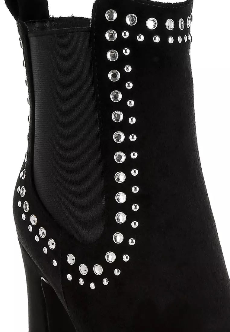 Studs Embellished High Ankle Boots in Black