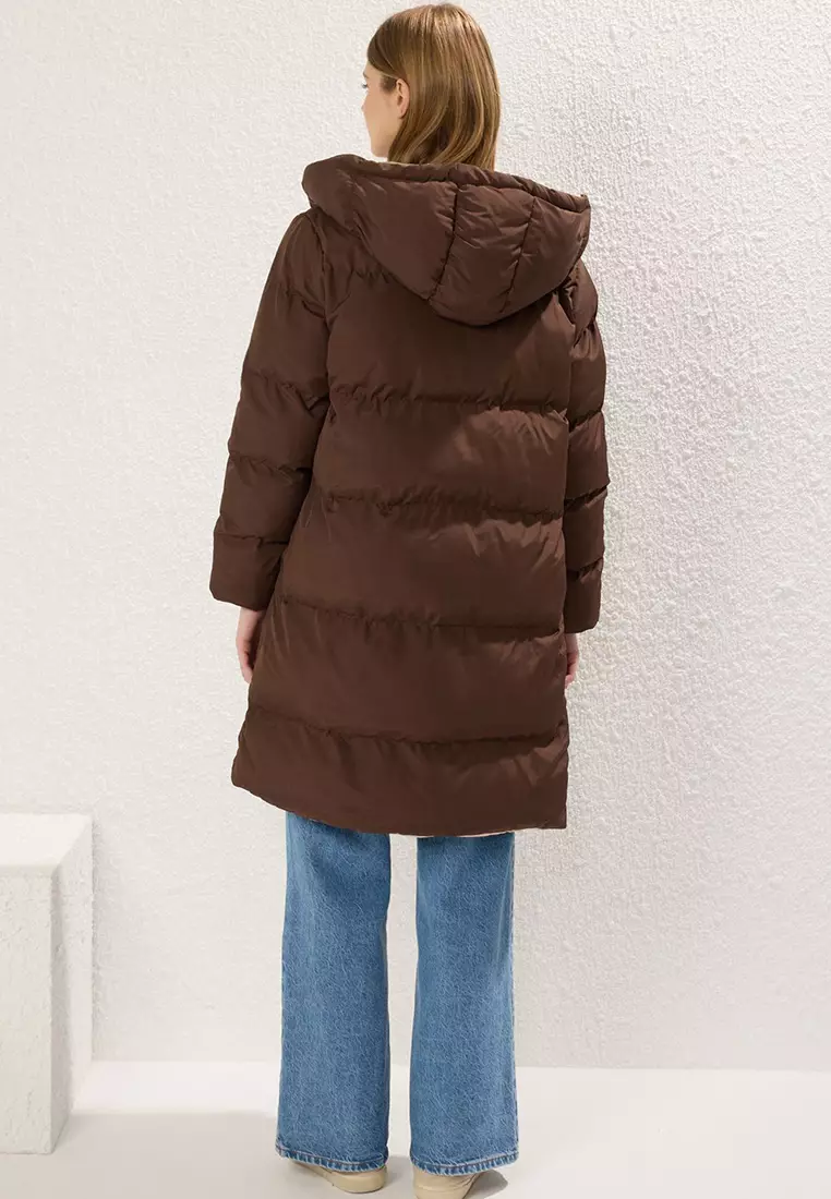 Dark Brown-Ecru Double-Sided Hooded Water Repellent Long Puffer Jacket TWOAW23MO00052