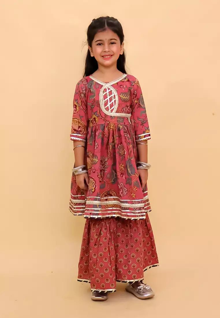 The Mom Store Aangan Aabha Block Print Girls Anarkali Sharara Set - Multi