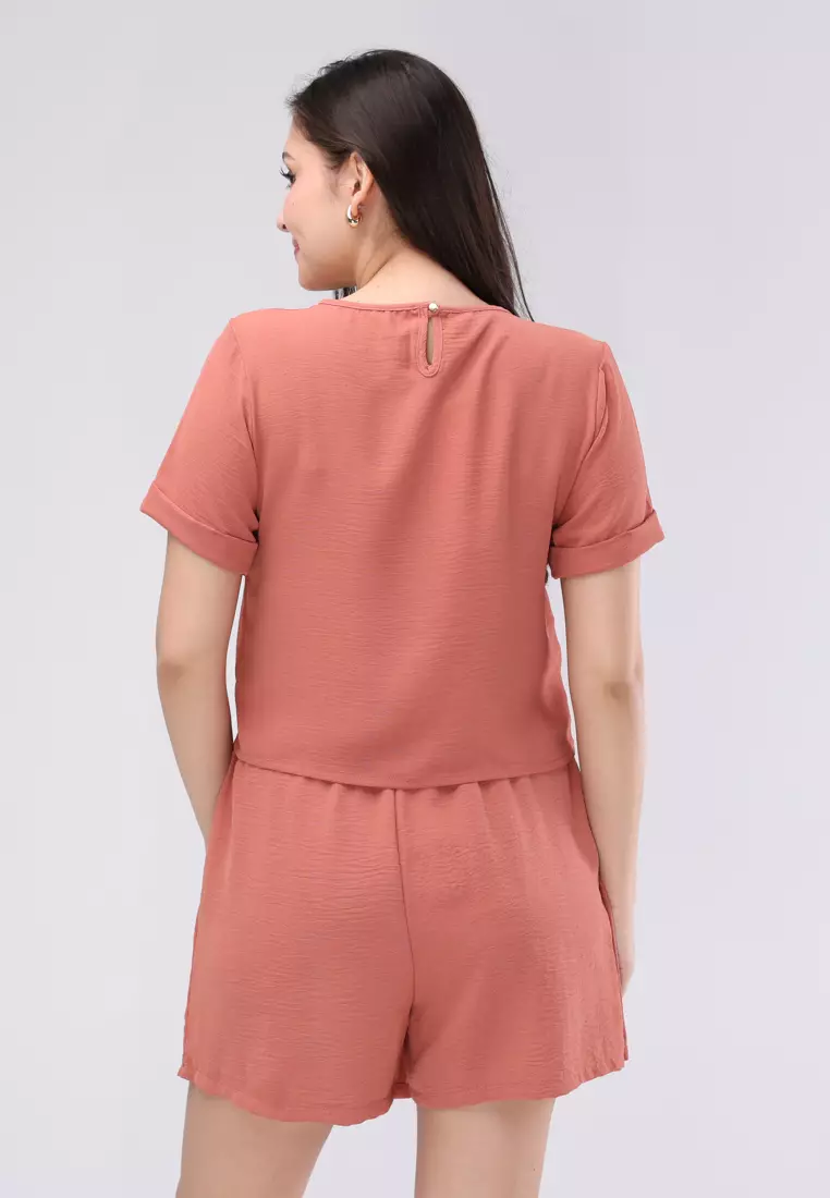 Linen Wrinkle Short Sleeves Terno Skort