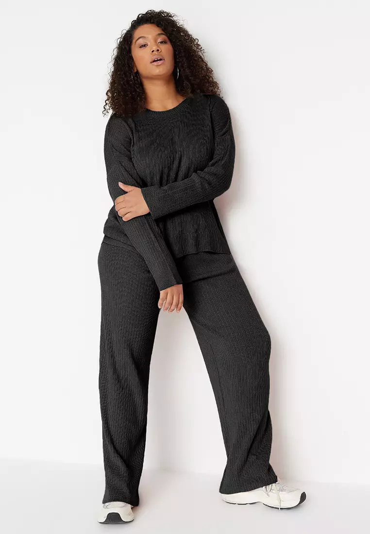 Plus Size Black Knitwear Sweater And Trousers Set Ribbed Crew Neck