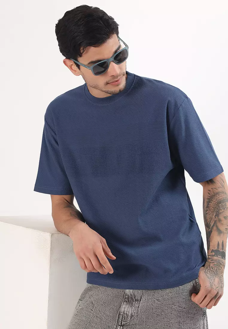 纹理蓝色棉质宽松T恤/T恤衫，圆领，短袖，休闲装、运动装、街头服饰