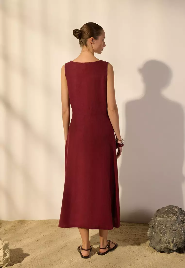 Burgundy 100% Linen Midi Button Detail V-Neck Dress Twoss25El00635