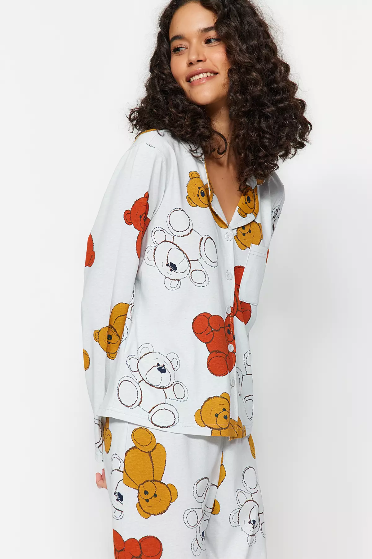 Gray Melange 100% Cotton Teddy Bear Shirt-Pants Knitted Pajama Set