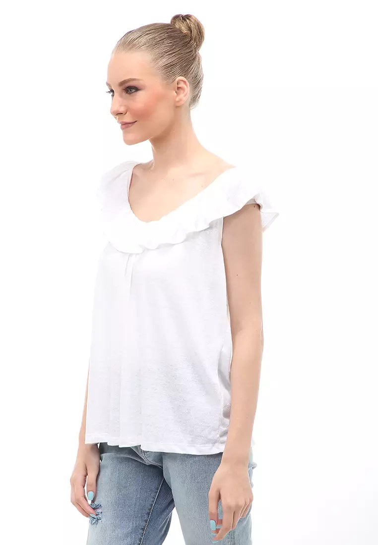 Baju Atasan Ruffled Linen Blend Jersey Wanita Relaxed Fit - White