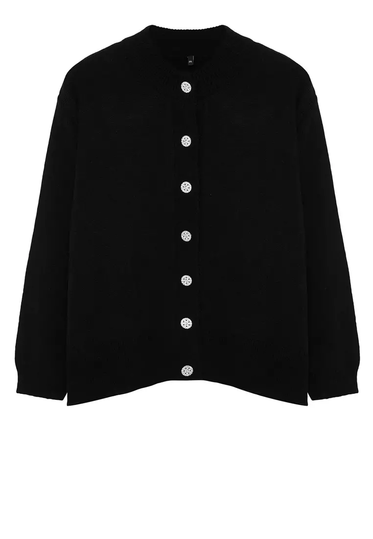 Black Stone Buttoned Knitted Cardigan Tbbaw24Av00019