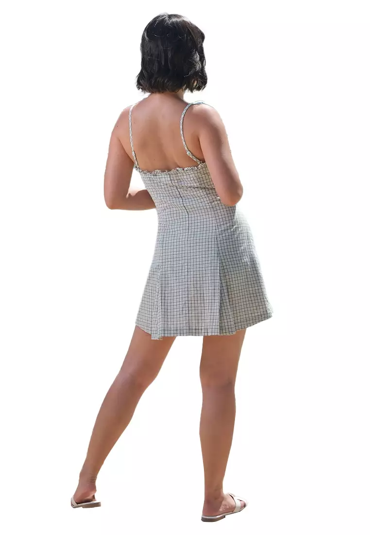 Strappy Box Pleat Checkered Dress With Ruffles