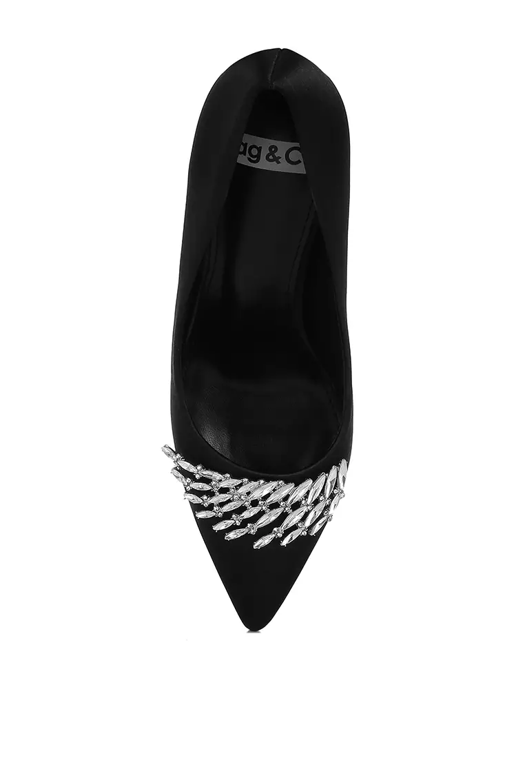 Diamante Brooch Detail Satin Pumps In Black